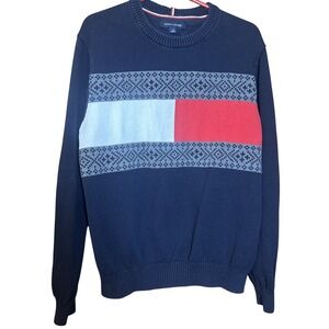 Tommy Hilfiger Men's Sweater L Navy Blue Fair Isle‎ Stripe Crewneck 100% Cotton